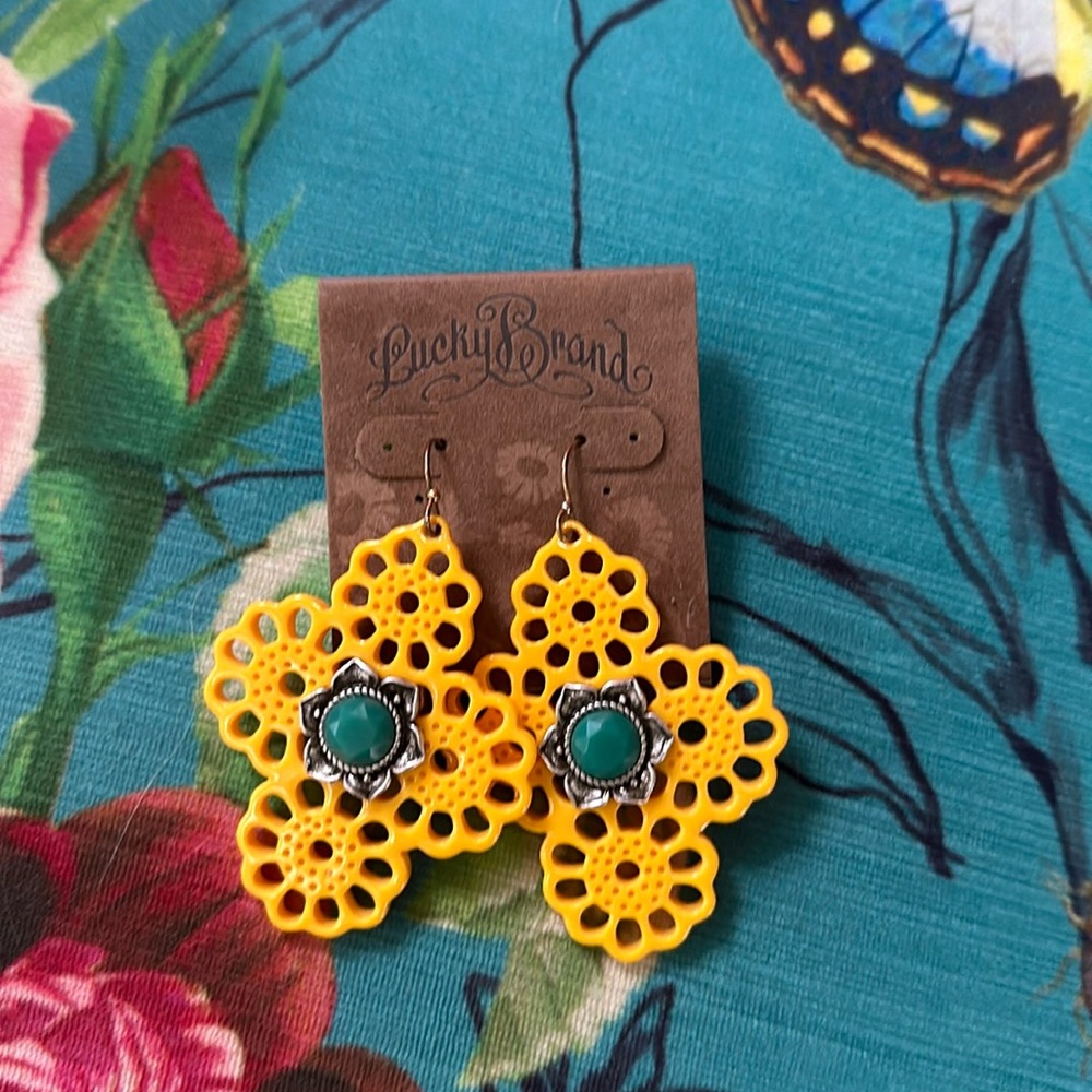Lucky Brand Yellow Statement Earrings with Turquoise gem